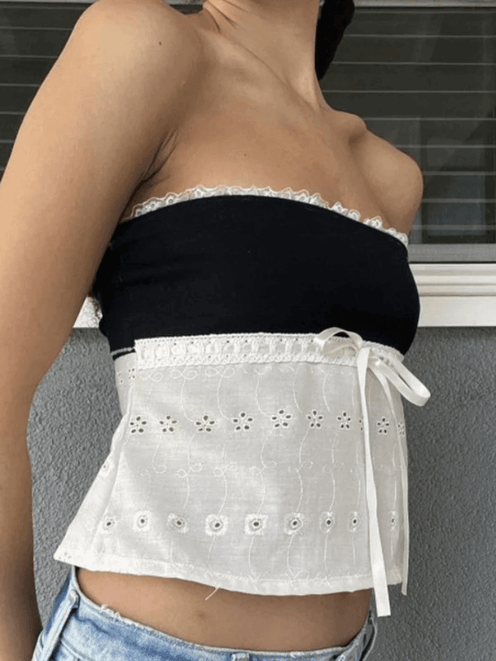 Contrast Lace Bandeau Crop Top - Y2K Fashion Aesthetic with Grunge and Coquette Style Elements