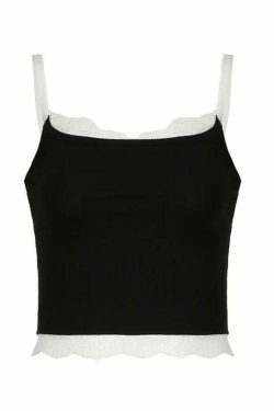 Contrast Lace Trim Cami Top - Y2K Fashion Aesthetic with Coquette and Grunge Style Elements