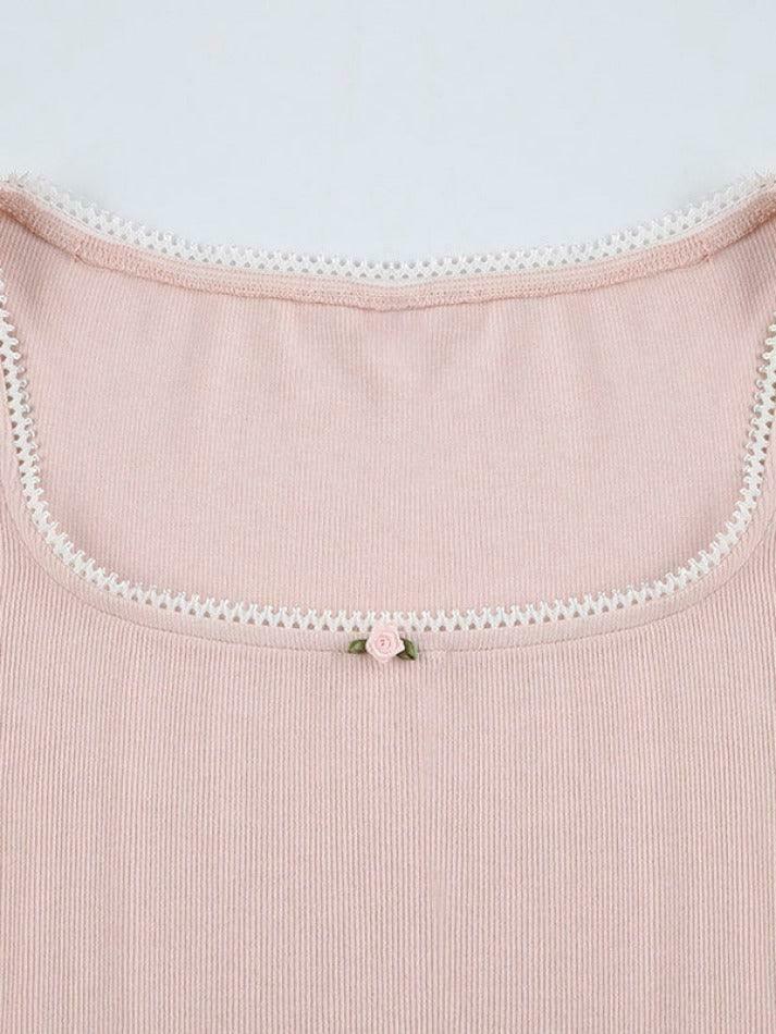 Contrast Lace Trim Slim Long Sleeve Knit - Y2K Fashion Aesthetic for Women