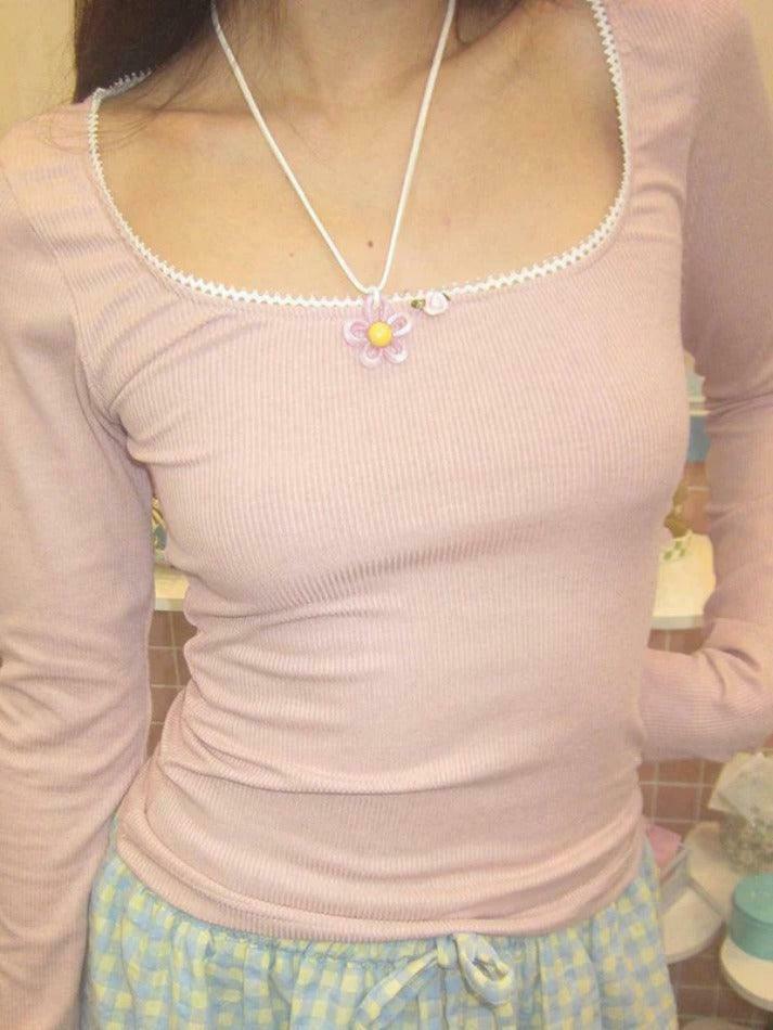 Contrast Lace Trim Slim Long Sleeve Knit - Y2K Fashion Aesthetic for Women