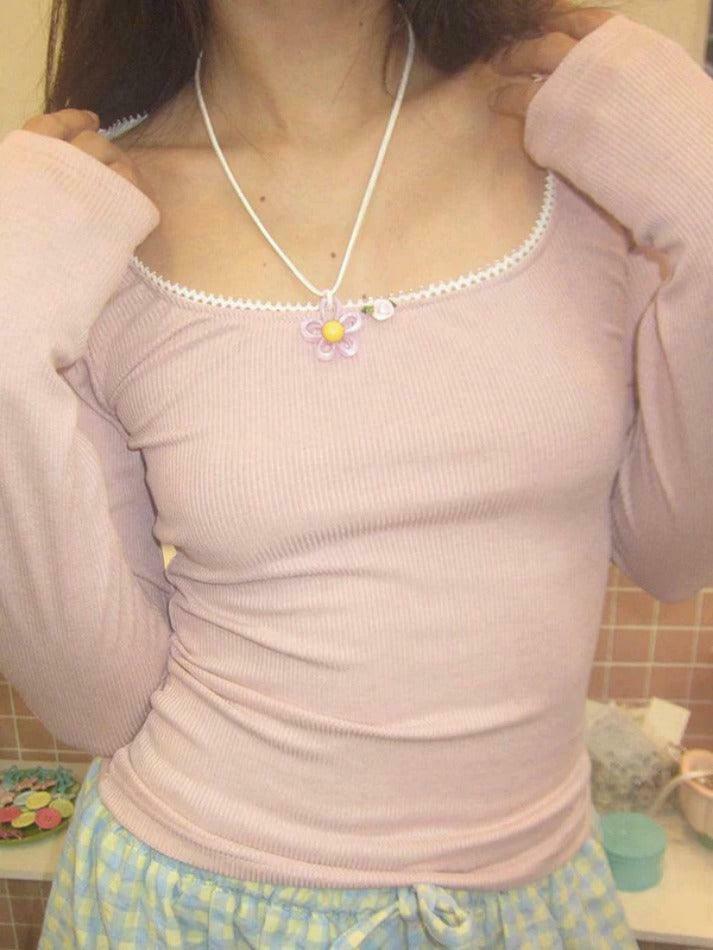 Contrast Lace Trim Slim Long Sleeve Knit - Y2K Fashion Aesthetic for Women