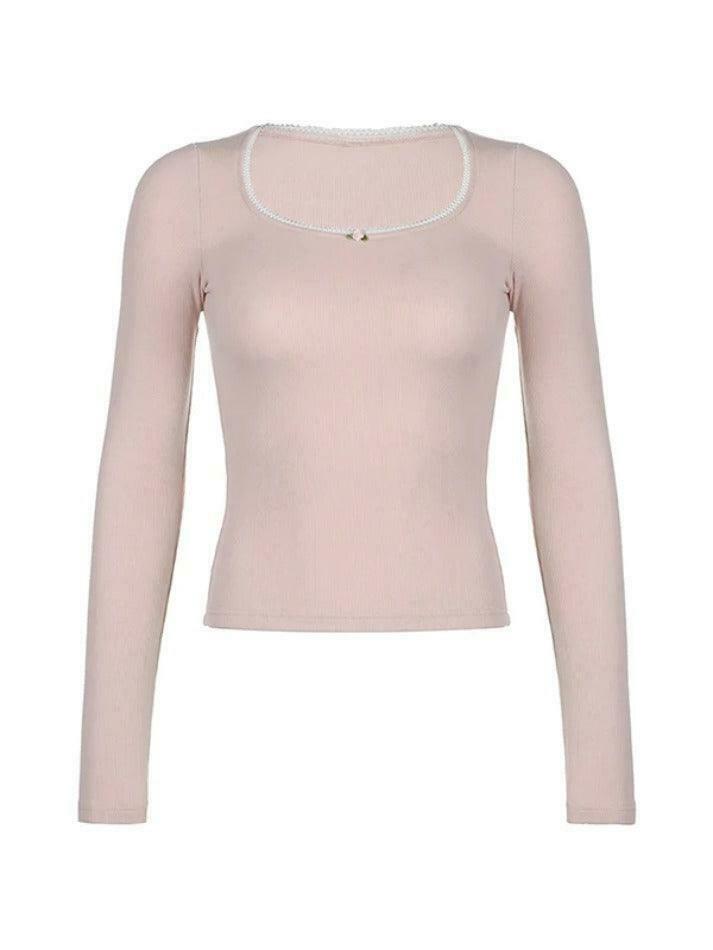 Contrast Lace Trim Slim Long Sleeve Knit - Y2K Fashion Aesthetic for Women