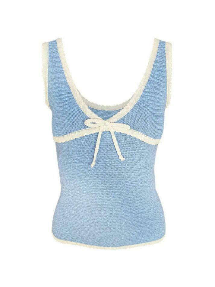 Contrast Stitch V-Neck Bow Tank Top - Y2K Fashion Aesthetic with Coquette and Grunge Style