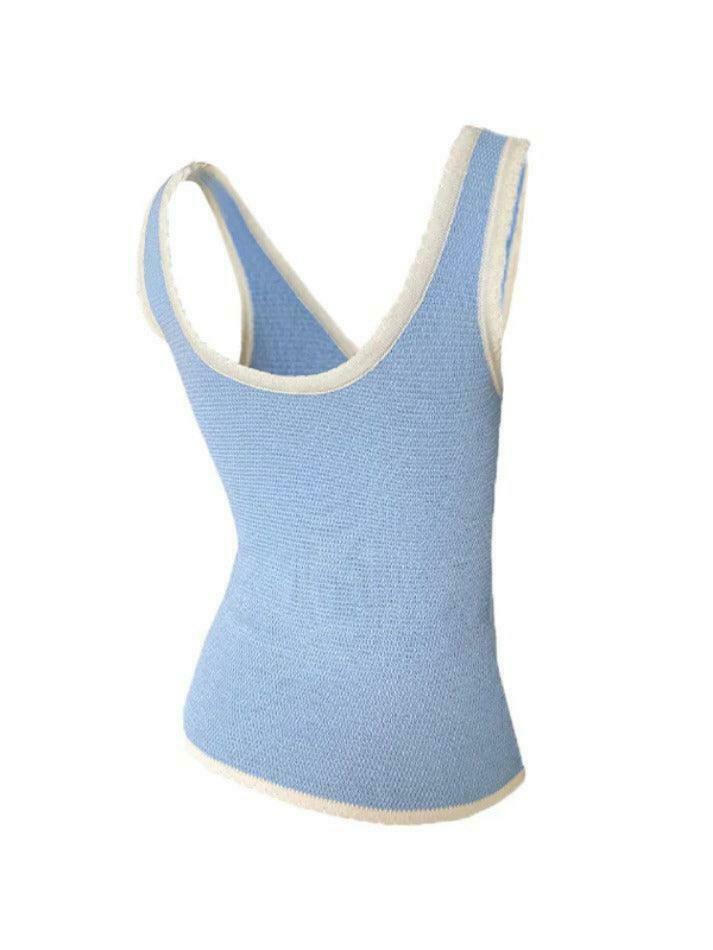 Contrast Stitch V-Neck Bow Tank Top - Y2K Fashion Aesthetic with Coquette and Grunge Style