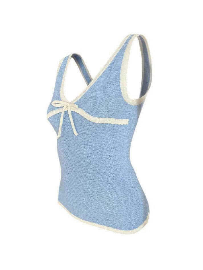 Contrast Stitch V-Neck Bow Tank Top - Y2K Fashion Aesthetic with Coquette and Grunge Style