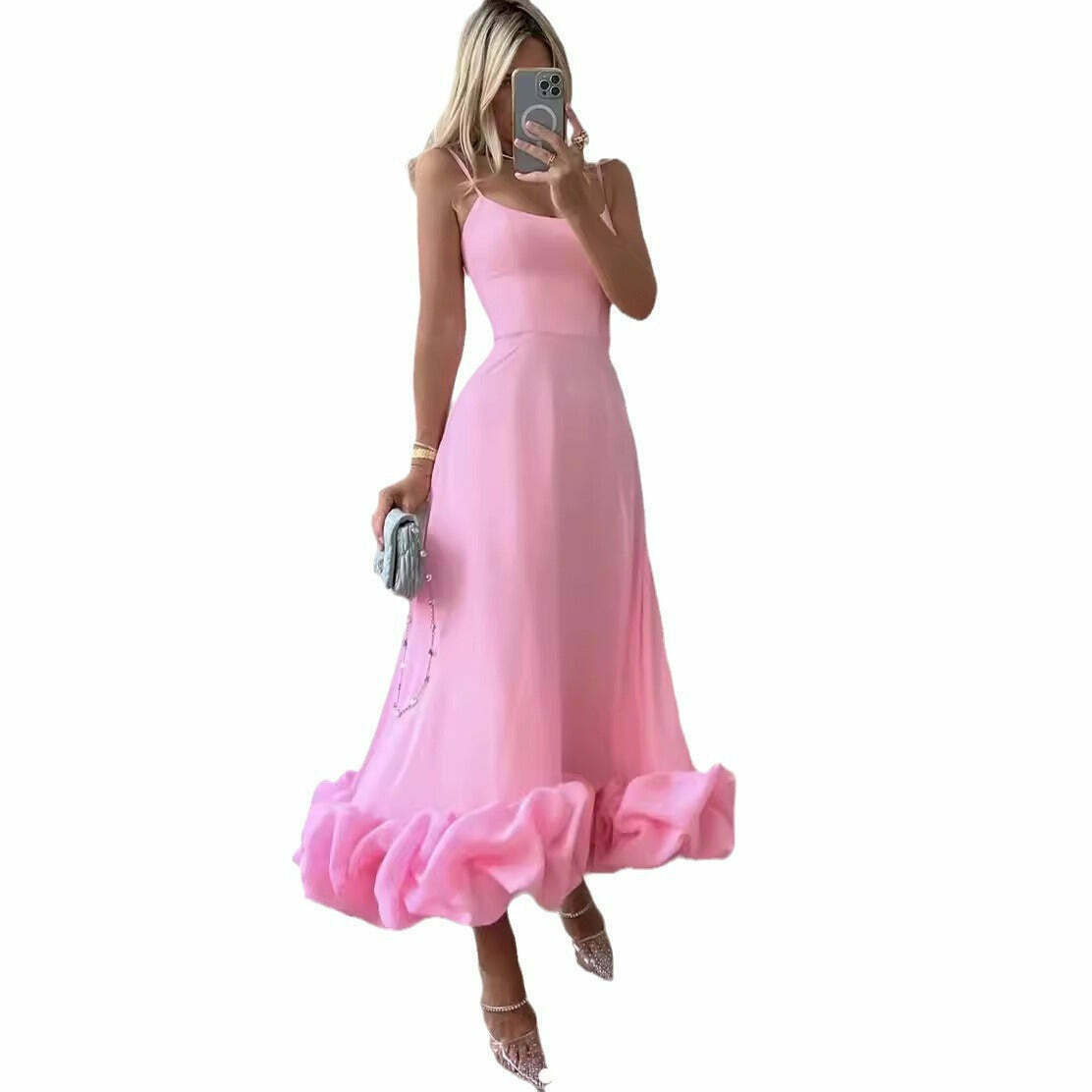 Coquette Aesthetic 3D Flower Midi Dress - Y2K Fashion Women's Clothing
