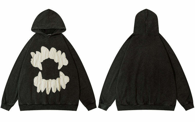 Coquette Aesthetic Acid Wash Hoodie with Fangs Applique - Y2K Fashion Statement