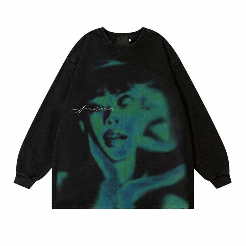 Coquette Aesthetic Acid Washed Sweatshirt with Shadow Graphic - Y2K Fashion Women's Clothing