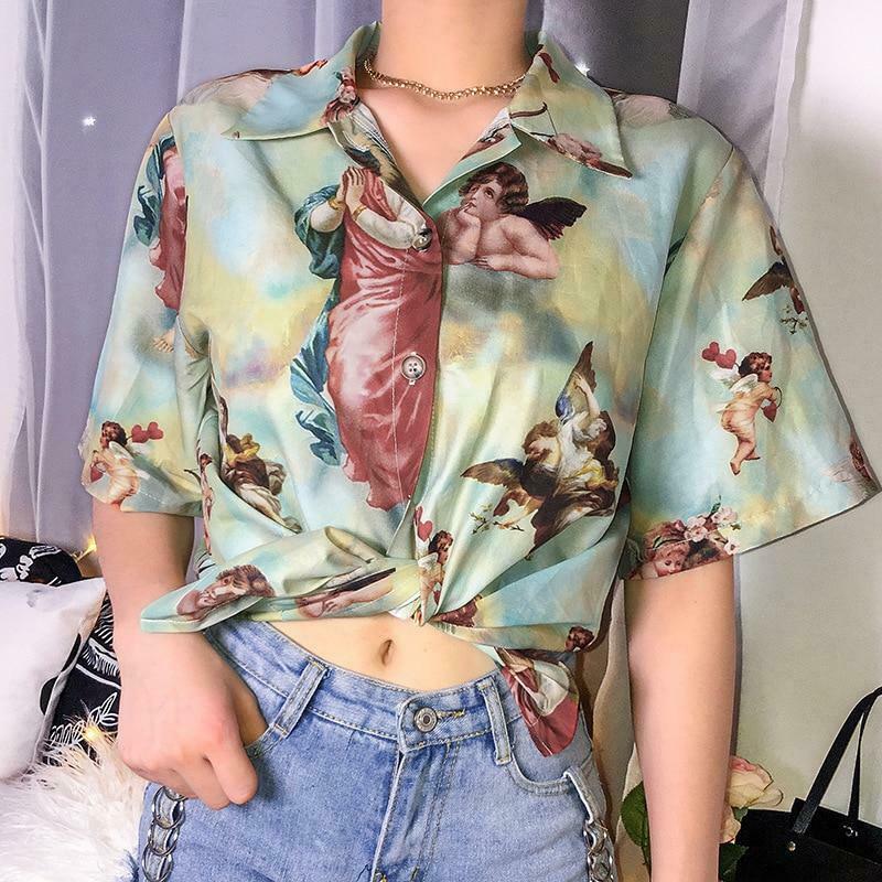 Coquette Aesthetic Angel Button Up Shirt - Y2K Fashion Women's Top for Grunge and Pastel Goth Style
