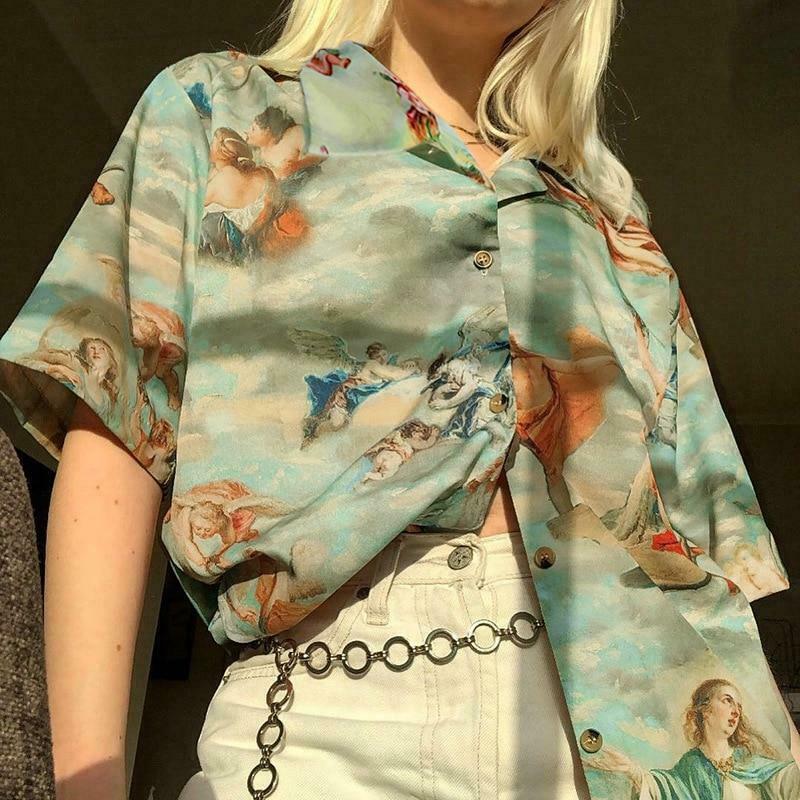 Coquette Aesthetic Angel Button Up Shirt - Y2K Fashion Women's Top for Grunge and Pastel Goth Style