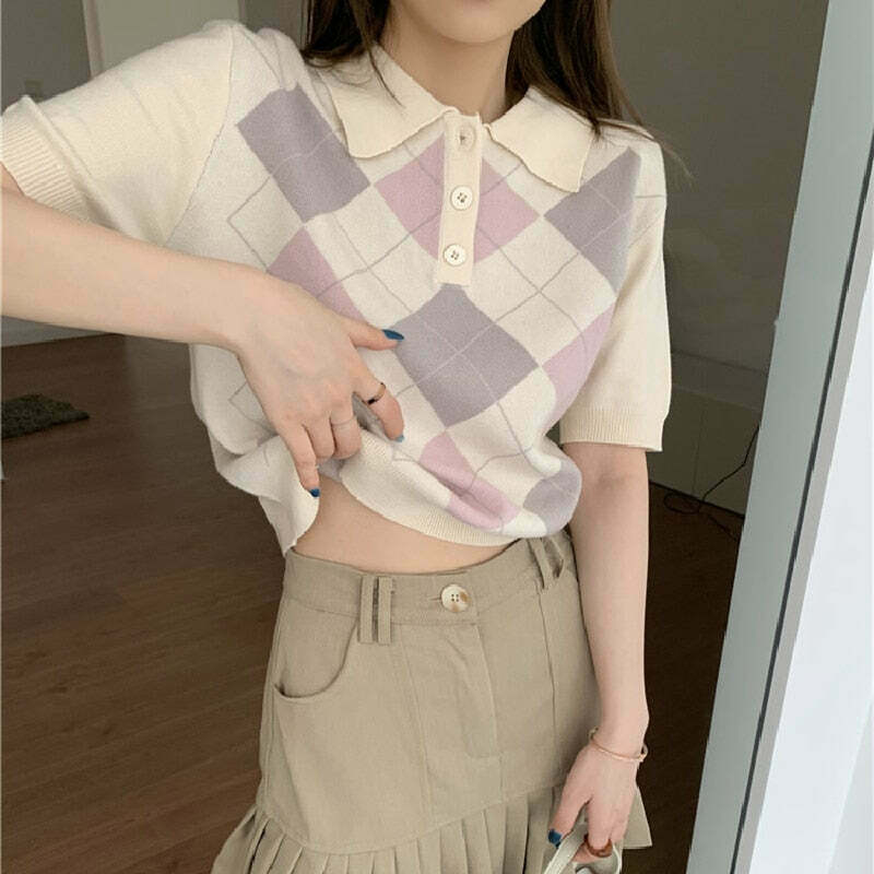 Coquette Aesthetic Argyle Collar Top - Y2K Fashion Women's Grunge Style Clothing