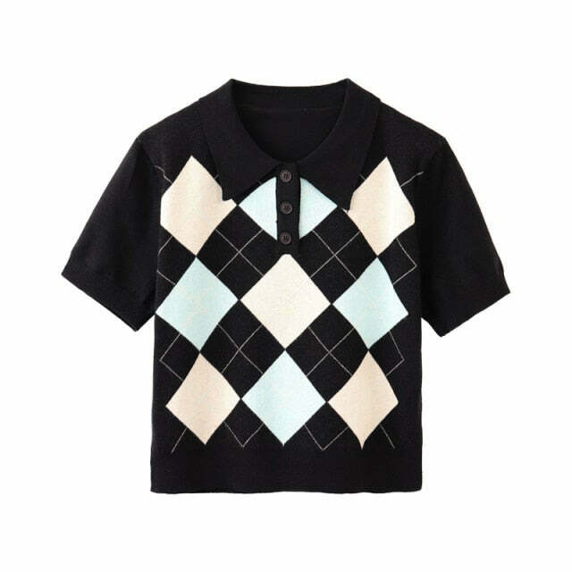 Coquette Aesthetic Argyle Collar Top - Y2K Fashion Women's Grunge Style Clothing