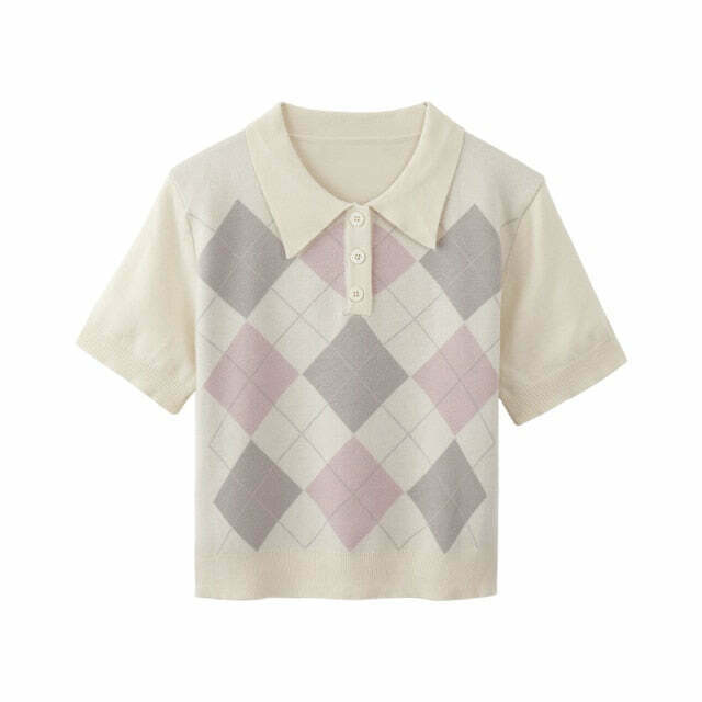 Coquette Aesthetic Argyle Collar Top - Y2K Fashion Women's Grunge Style Clothing