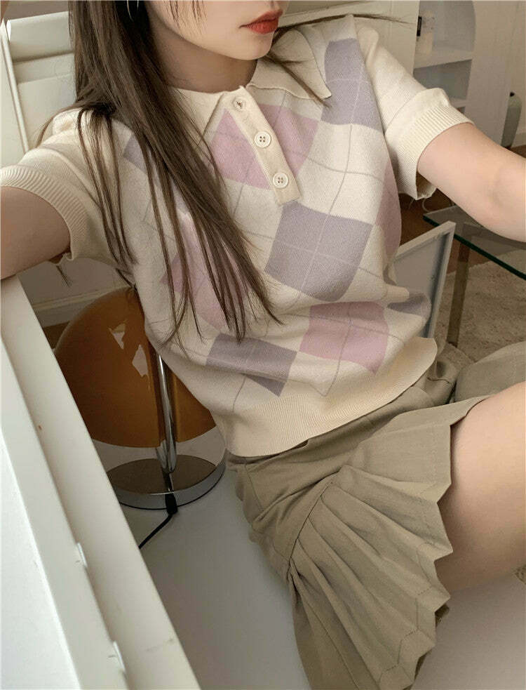 Coquette Aesthetic Argyle Collar Top - Y2K Fashion Women's Grunge Style Clothing
