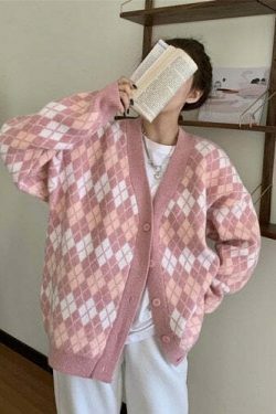 Coquette Aesthetic Argyle Knit Cardigan - Vintage-Inspired Y2K Fashion for Women