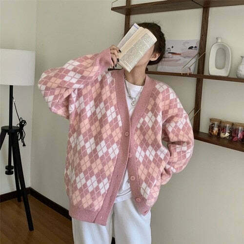 Coquette Aesthetic Argyle Knit Cardigan - Vintage-Inspired Y2K Fashion for Women