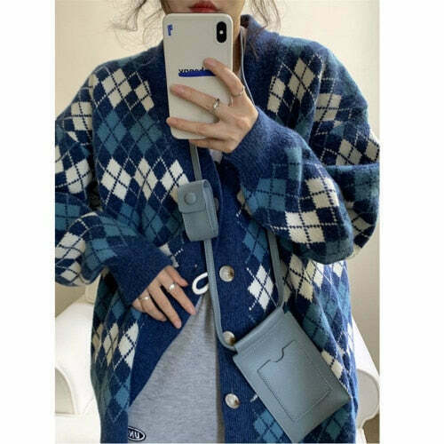 Coquette Aesthetic Argyle Knit Cardigan - Vintage-Inspired Y2K Fashion for Women