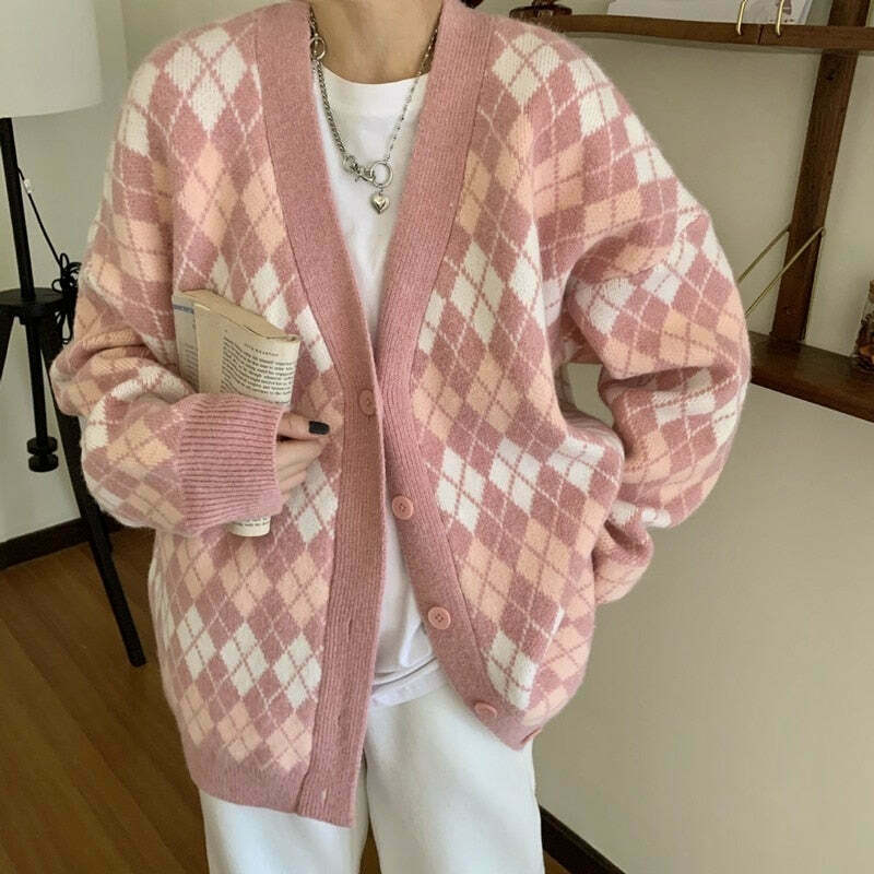 Coquette Aesthetic Argyle Knit Cardigan - Vintage-Inspired Y2K Fashion for Women