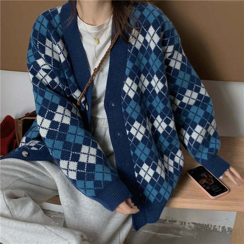 Coquette Aesthetic Argyle Knit Cardigan - Vintage-Inspired Y2K Fashion for Women
