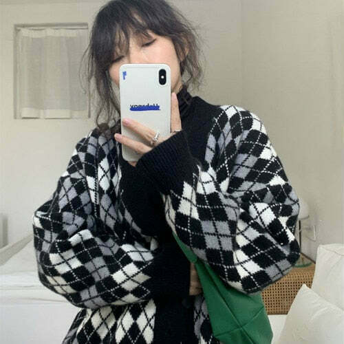 Coquette Aesthetic Argyle Knit Cardigan - Vintage-Inspired Y2K Fashion for Women