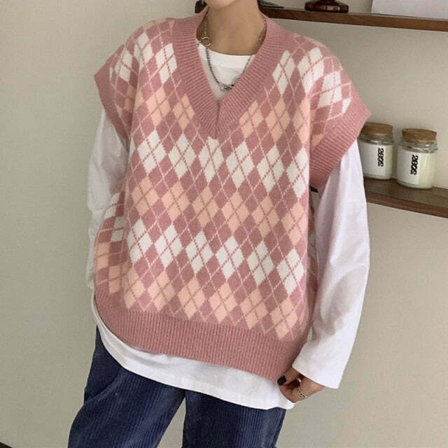 Coquette Aesthetic Argyle Knit Cardigan - Vintage-Inspired Y2K Fashion for Women