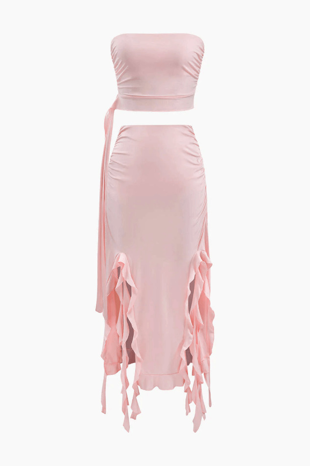Coquette Aesthetic Asymmetric Tube Top & Ruffle Skirt Set