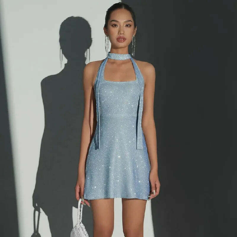 Coquette Aesthetic Backless Mini Dress with Blingy Blues - Y2K Fashion Statement