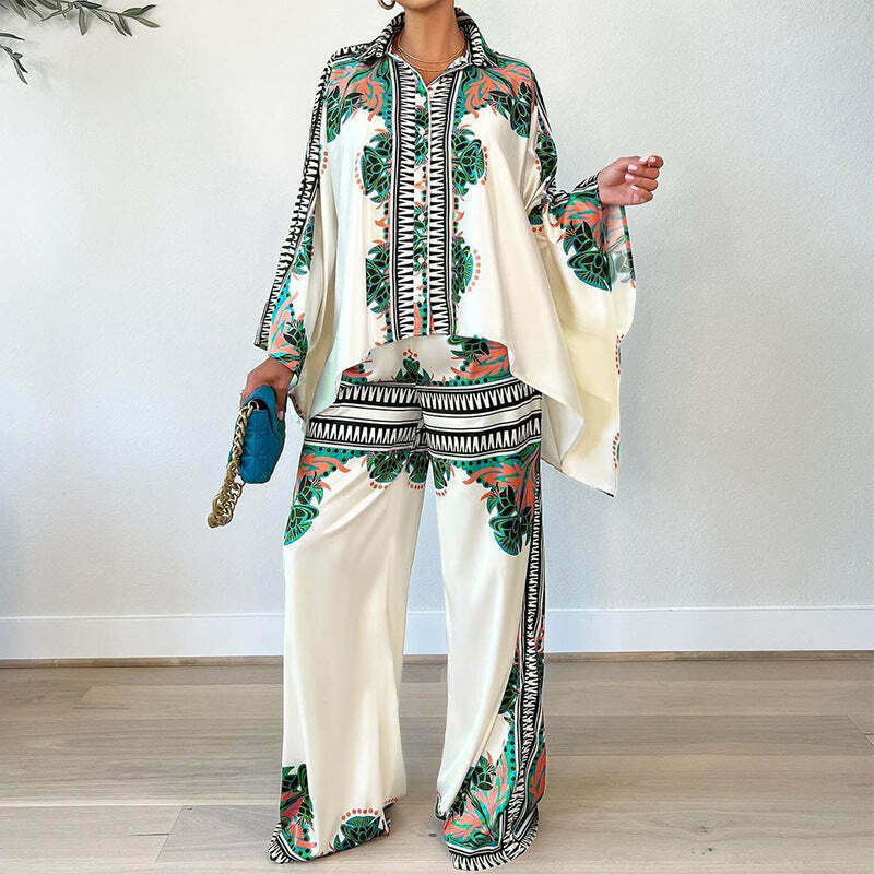 Coquette Aesthetic Bat Sleeve Top & Loose Trousers Two-Piece Suit