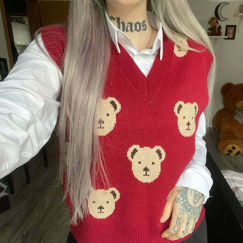 Coquette Aesthetic Bear Sweater Vest - Y2K Fashion for Women
