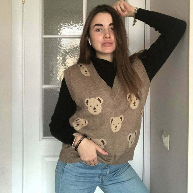 Coquette Aesthetic Bear Sweater Vest - Y2K Fashion for Women