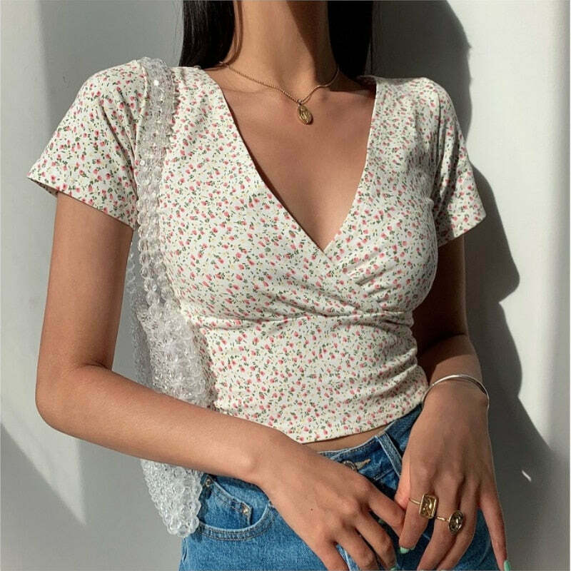 Coquette Aesthetic Beth Floral Crop Top - Y2K Fashion Grunge Style Cute Tops Pastel