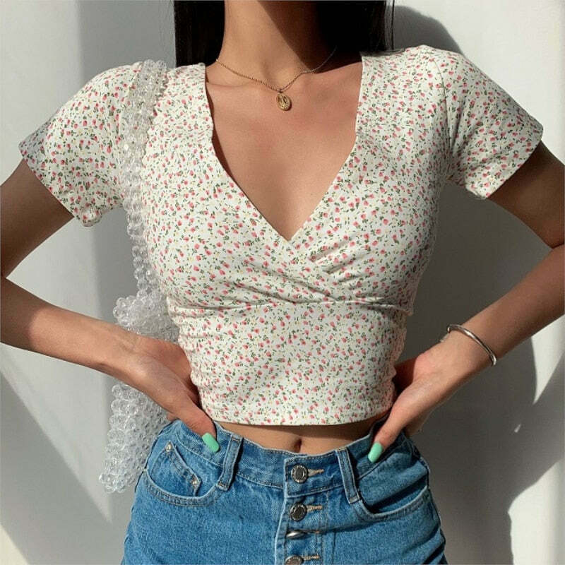 Coquette Aesthetic Beth Floral Crop Top - Y2K Fashion Grunge Style Cute Tops Pastel