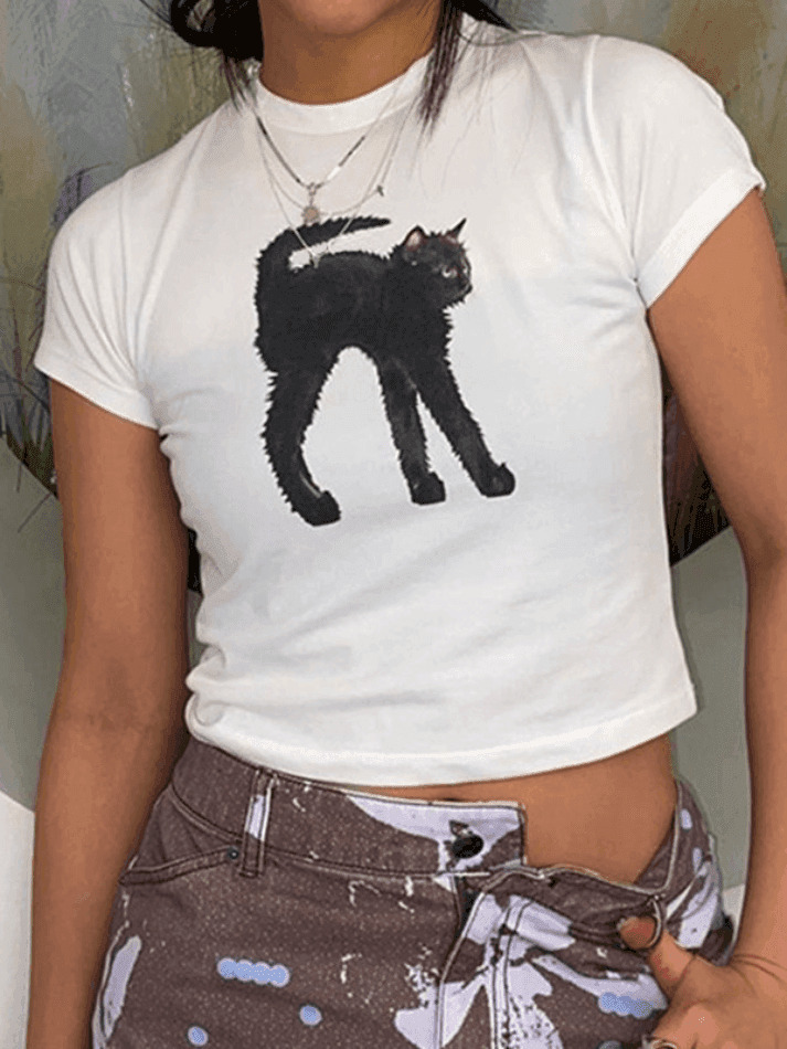 Coquette Aesthetic Black Cat Crop Top - Y2K Fashion Grunge Style - Cute Tops for Women