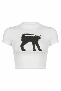 Coquette Aesthetic Black Cat Crop Top - Y2K Fashion Grunge Style - Cute Tops for Women