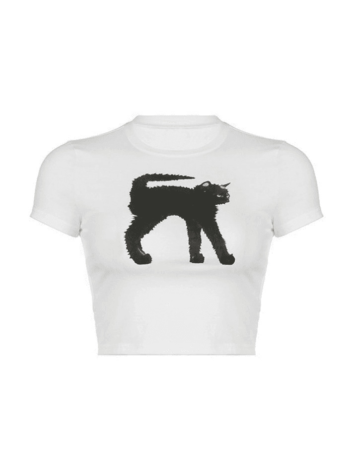 Coquette Aesthetic Black Cat Crop Top - Y2K Fashion Grunge Style - Cute Tops for Women