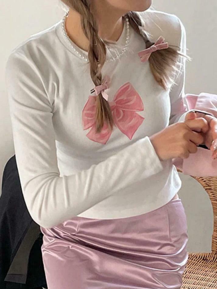 Coquette Aesthetic Bow Print Crew Neck Slim Long Sleeve Tee