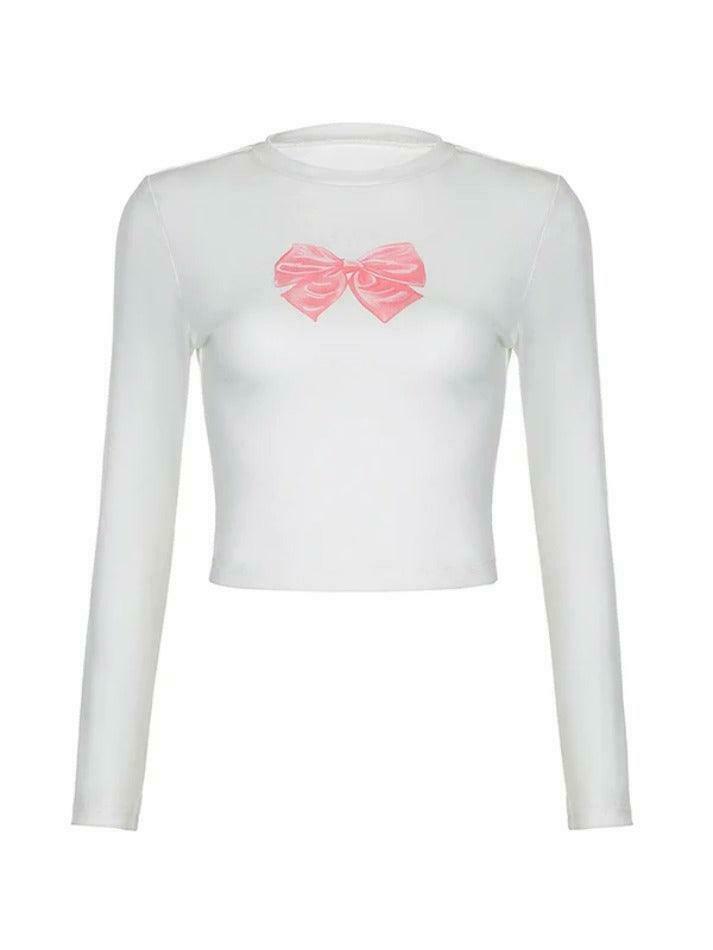 Coquette Aesthetic Bow Print Crew Neck Slim Long Sleeve Tee