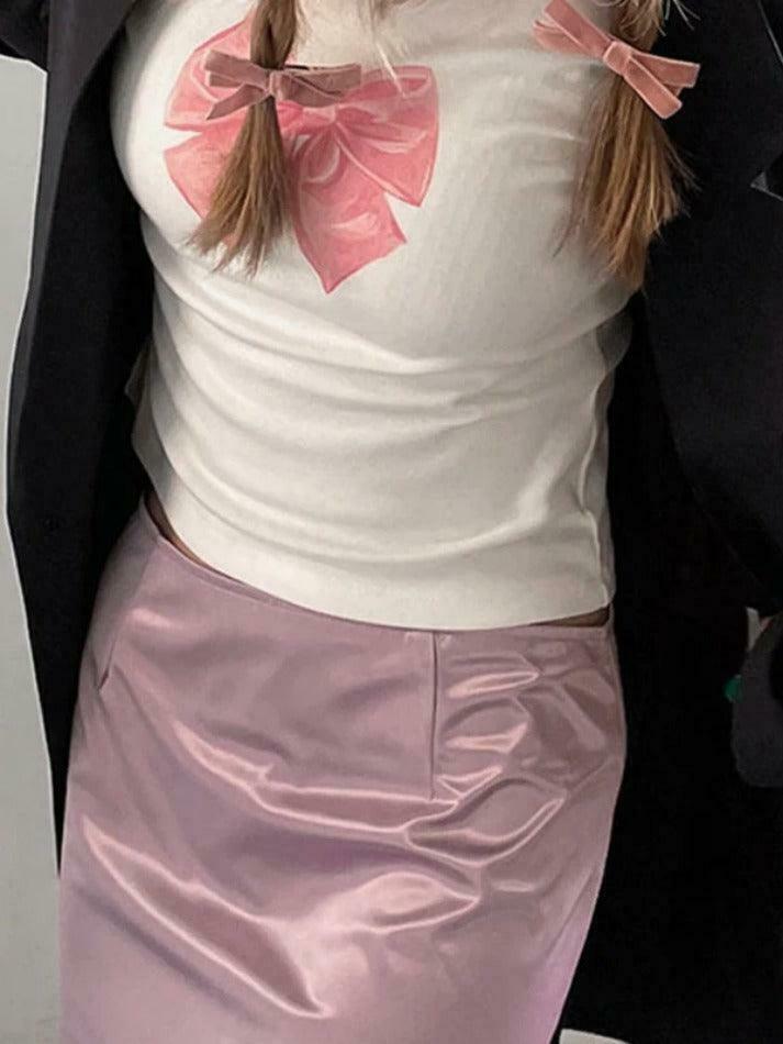 Coquette Aesthetic Bow Print Crew Neck Slim Long Sleeve Tee