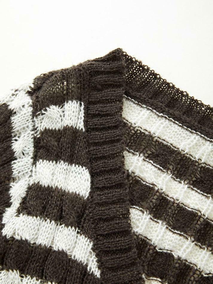 Coquette Aesthetic Brown Striped Cable Knit Top - Y2K Fashion Women's Fall Sweater