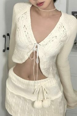 Coquette Aesthetic Butterfly Pointelle Lacing Trumpet Sleeve V Neck Cardigan