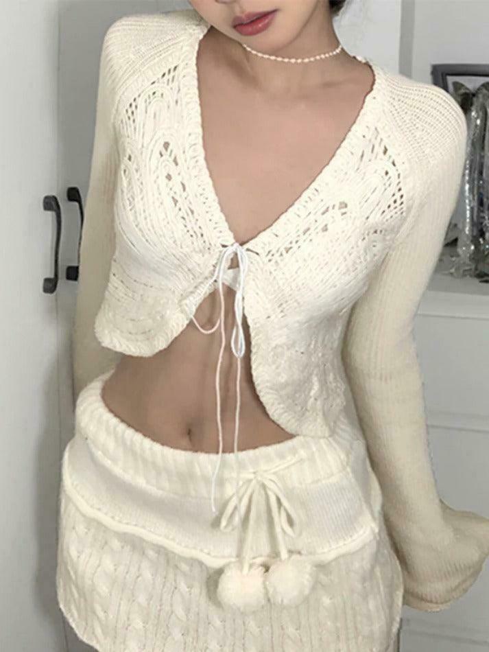 Coquette Aesthetic Butterfly Pointelle Lacing Trumpet Sleeve V Neck Cardigan