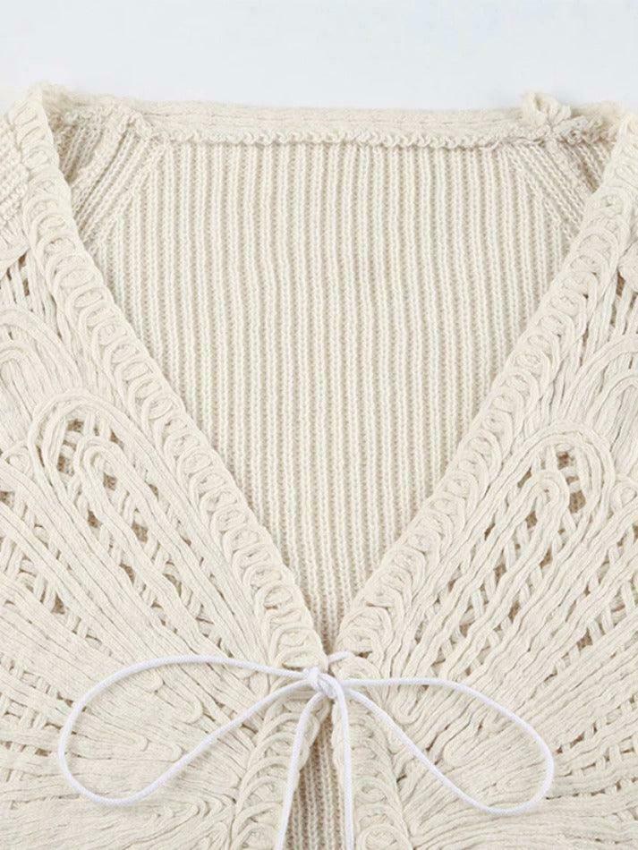 Coquette Aesthetic Butterfly Pointelle Lacing Trumpet Sleeve V Neck Cardigan