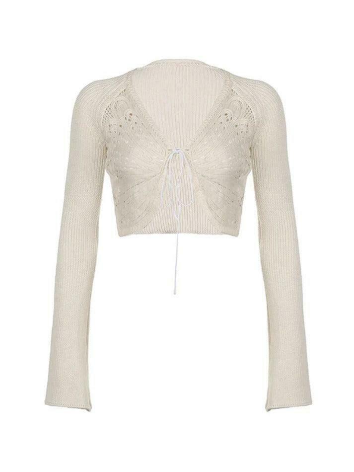 Coquette Aesthetic Butterfly Pointelle Lacing Trumpet Sleeve V Neck Cardigan