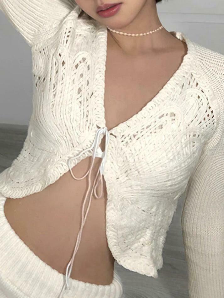 Coquette Aesthetic Butterfly Pointelle Lacing Trumpet Sleeve V Neck Cardigan
