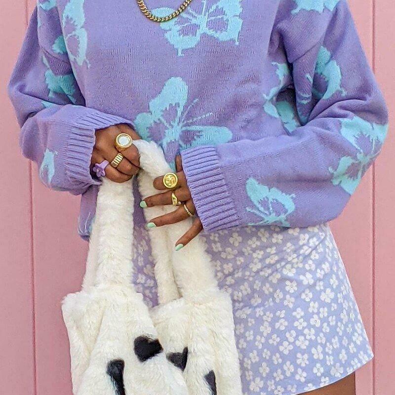 Coquette Aesthetic Butterfly Print Kawaii Jumper - Y2K Fashion Women's Top
