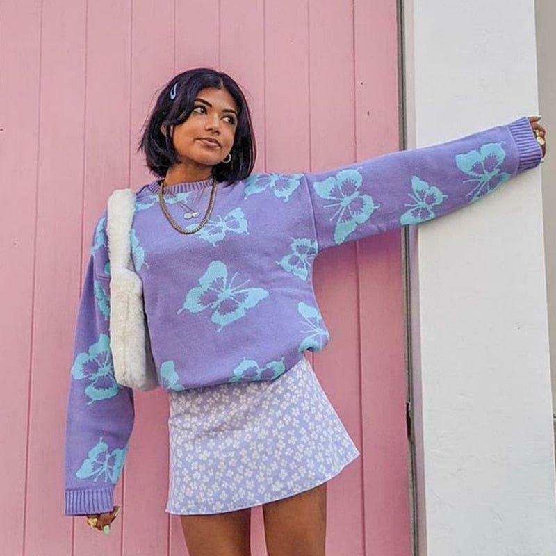 Coquette Aesthetic Butterfly Print Kawaii Jumper - Y2K Fashion Women's Top