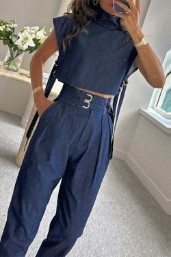 Coquette Aesthetic Cargo Skirt Suit with Casual Belt & High-neck Top
