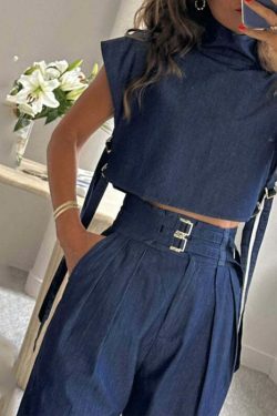 Coquette Aesthetic Cargo Skirt Suit with Casual Belt & High-neck Top