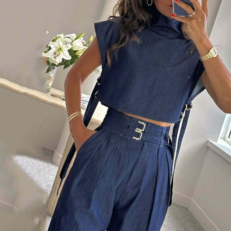 Coquette Aesthetic Cargo Skirt Suit with Casual Belt & High-neck Top