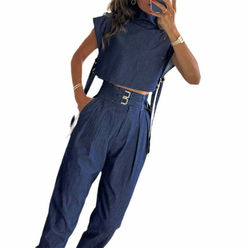 Coquette Aesthetic Cargo Skirt Suit with Casual Belt & High-neck Top